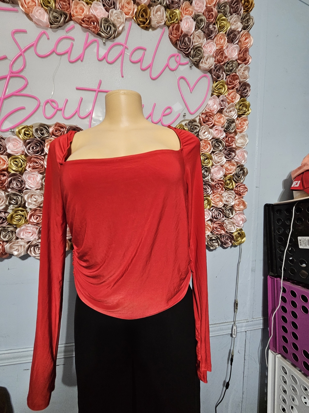 Fashion Nova Red Long Sleeve Square Neck Blouse